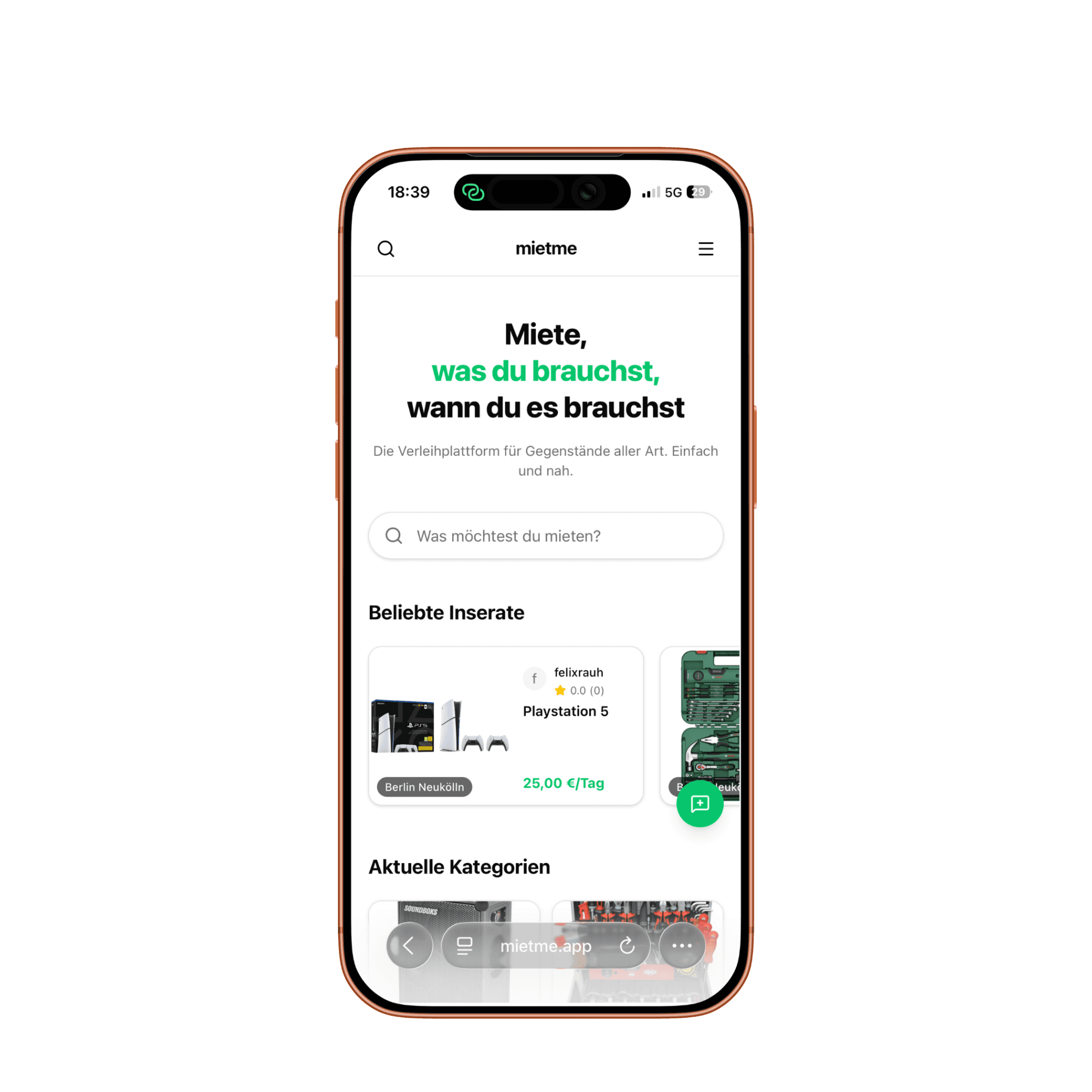 mietme App auf dem Smartphone: Suche nach Mietangeboten in der Berliner Nachbarschaft mit beliebten Inseraten.